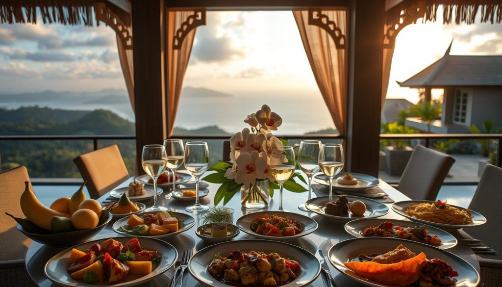 A luxurious outdoor dining setting on a private Bali villa terrace, showcasing an elegantly set table with gourmet dishes and fine beverages. In the foreground, a beautifully arranged spread of tropical fruits, gourmet appetizers, and intricately plated main courses, sparkling crystal wine glasses filled with white wine, and an exquisite centerpiece of blooming orchids. In the middle, a breathtaking view of lush green hills and distant ocean waves, with soft sunlight casting warm, golden hues over the scene. The background features traditional Balinese architecture, creating an atmosphere of serene indulgence and sophistication. The composition captures the essence of a luxurious culinary experience in paradise, evoking a sense of tranquility and refined taste, with gentle, inviting lighting from the golden hour.