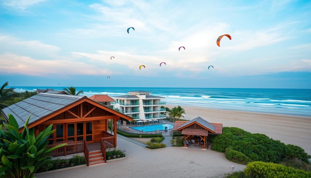A picturesque view of Mui Ne's accommodation options near vibrant kite surfing beaches. In the foreground, feature a cozy beachfront bungalow with wooden accents, surrounded by lush tropical plants. In the middle ground, show a modern hotel with a pool overlooking the waves, and a small café with patrons enjoying refreshments. The background reveals the expansive sandy beach with colorful kites soaring in the blue sky, and gently crashing waves. Capture this scene during golden hour to evoke a warm, inviting atmosphere, with soft lighting highlighting the natural beauty. Use a wide-angle lens perspective to emphasize the scenic landscape while maintaining focus on the accommodations. The image should convey a sense of relaxation, adventure, and coastal charm.