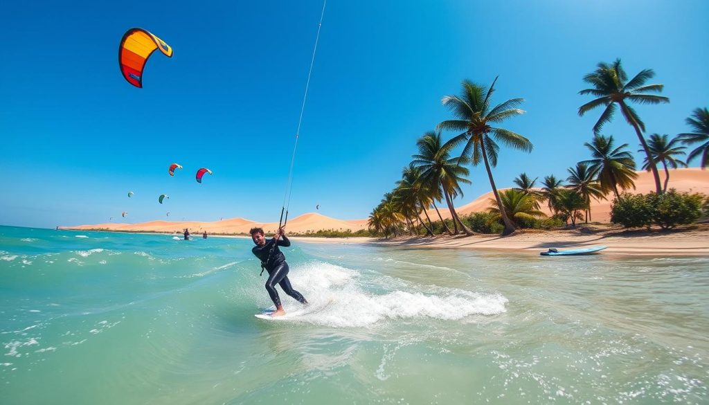 Vibrant scene of Mui Ne's top kite surfing spots during a sunny day. In the foreground, a dynamic kite surfer, dressed in a stylish wetsuit, skillfully maneuvers across the turquoise waves, his brightly colored kite soaring high above. The middle ground features other surfers enjoying the breeze, with colorful kites dotting the sky in various hues. The background showcases the iconic red and white sand dunes of Mui Ne, framed by lush palm trees swaying gently in the wind. The sunlight creates a warm, inviting atmosphere, casting soft shadows across the beach. Capture this lively action from a low angle, emphasizing the excitement and energy of kite surfing in this tropical paradise.